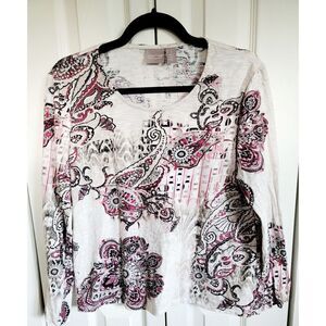 Chico's 1 Tan Paisley Top Pink Maroon L/S Round Neck Stretch Medium‎ Cotton Blnd